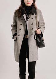 French Grey Double Breast Patchwork Woolen Trench Fall