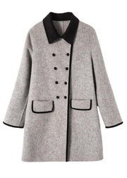 French Grey Double Breast Pockets Patchwork Woolen Coats Fall
