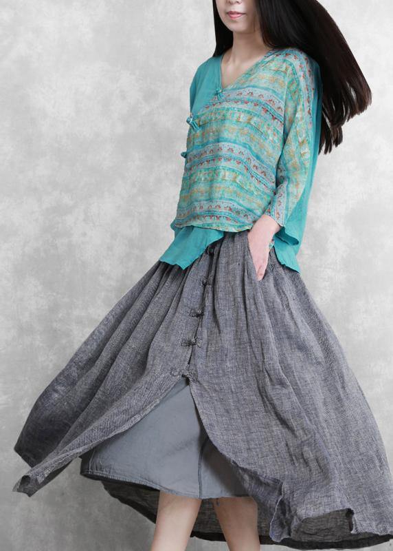 French Grey Elastic Waist Oriental Summer Linen Skirt - SooLinen