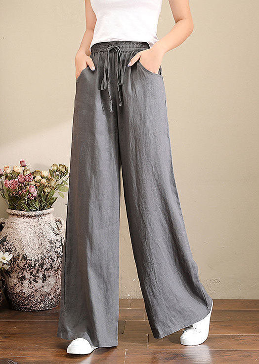 French Grey Elastic Waist Pockets Linen Wide Leg Pants Summer
