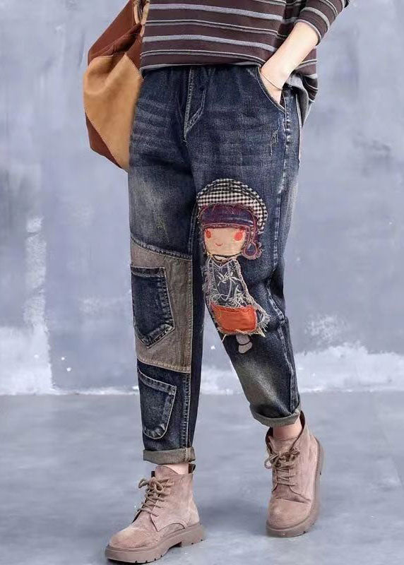 French Grey Embroidered Girl Pockets Patchwork Denim Pants Spring