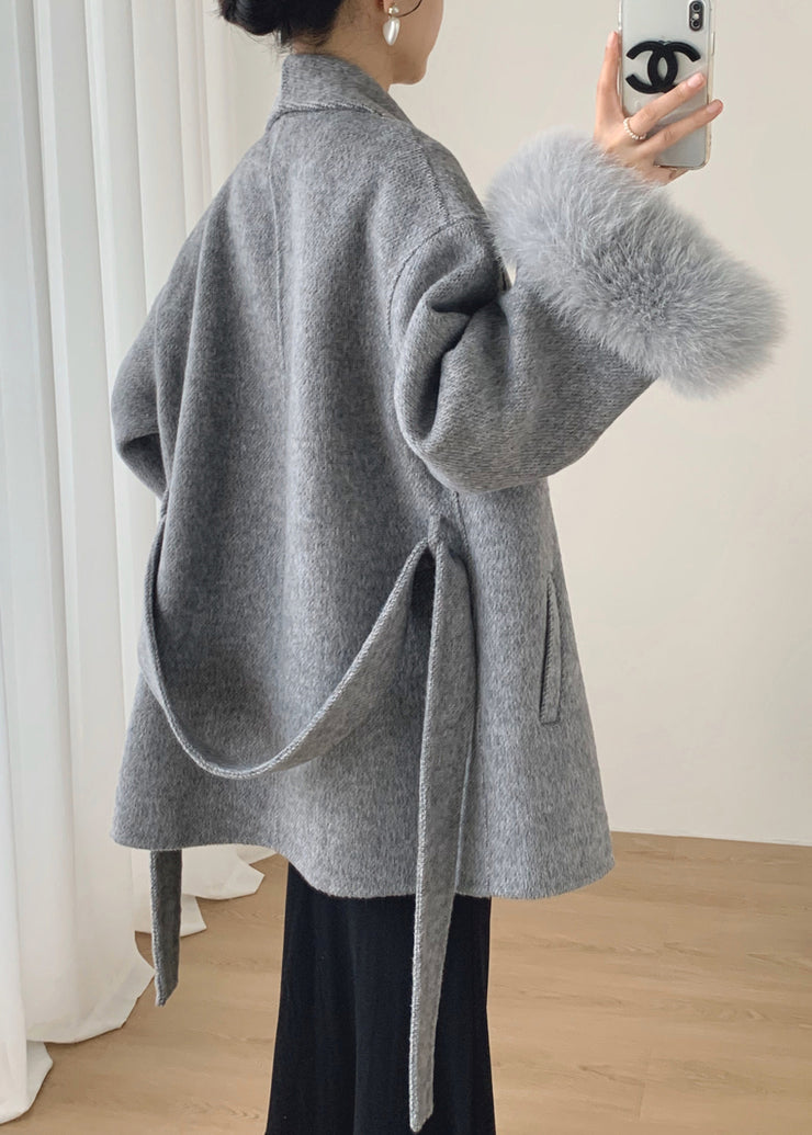 French Grey Fluffy Tie Waist Pockets Patchwork Wool Coat Winter