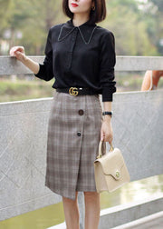 French Grey High Waist Asymmetrical Plaid Cotton Skirts Fall