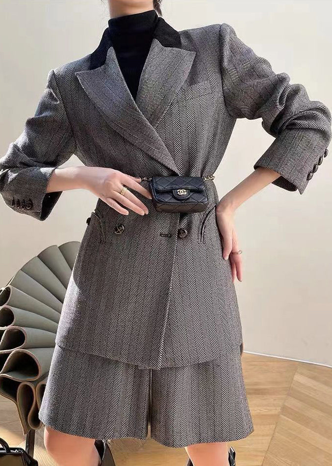 French Grey High Waist Coat And Shorts Thick Two Pieces Set Long Sleeve