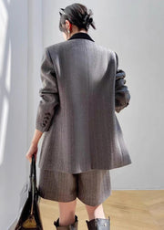 French Grey High Waist Coat And Shorts Thick Two Pieces Set Long Sleeve