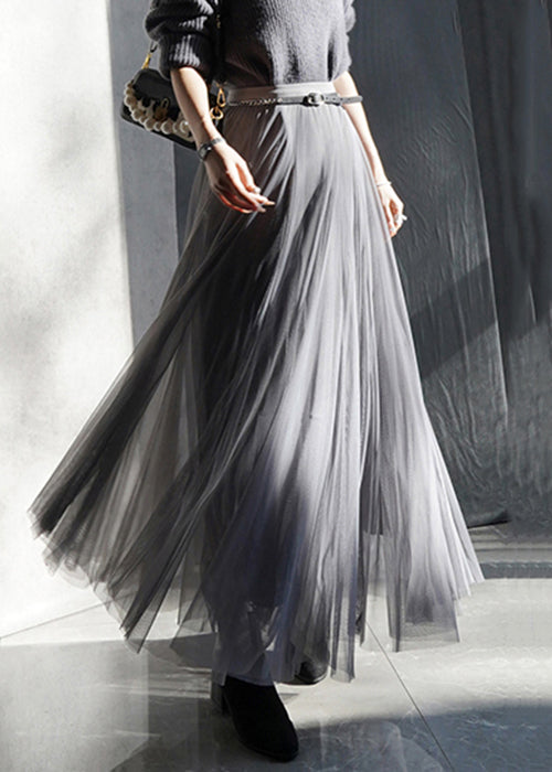 French Grey High Waist Patchwork Tulle Pleated Skirt Fall