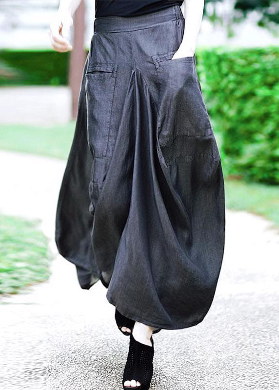 French Grey High Waist Wrinkled Asymmetrical Pockets Silk Skirts Fall
