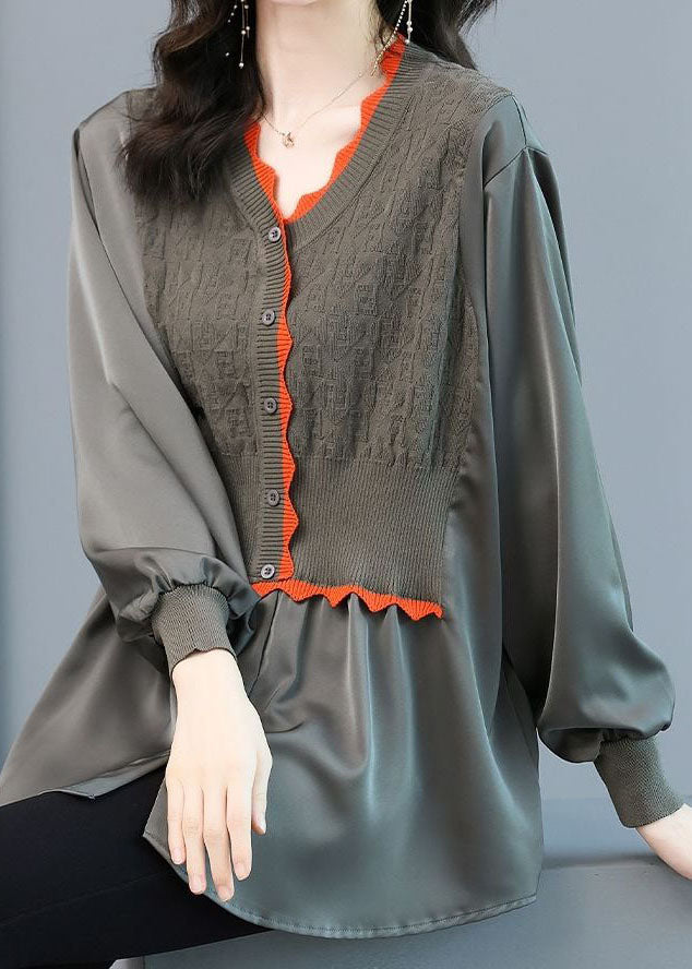 French Grey Knit Patchwork Chiffon Blouse Top Spring