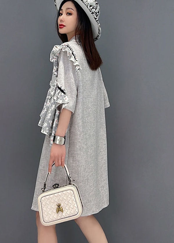 French Grey Notched Collar Asymmetrical Design Lace Patchwork Vacation Dress Short Sleeve