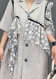 French Grey Notched Collar Asymmetrical Design Lace Patchwork Vacation Dress Short Sleeve