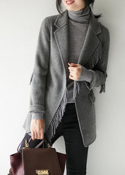 French Grey Notched Tassel Solid Woolen Blend Coat Fall