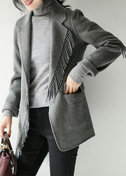French Grey Notched Tassel Solid Woolen Blend Coat Fall