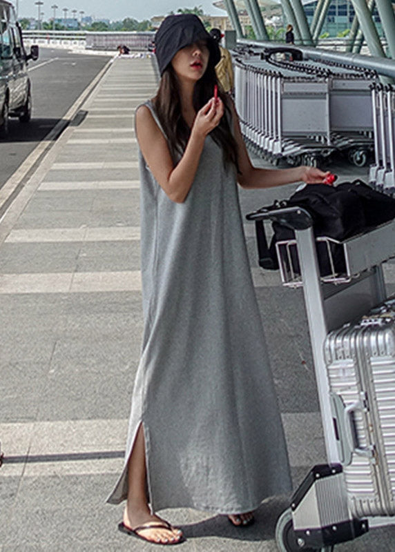 French Grey O-Neck Backless Side Open Cotton Long Dress Sleeveless
