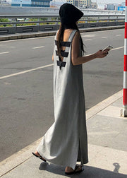 French Grey O-Neck Backless Side Open Cotton Long Dress Sleeveless