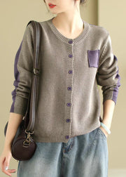 French Grey O Neck Button Patchwork Knit Coat Spring