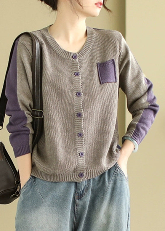 French Grey O Neck Button Patchwork Knit Coat Spring