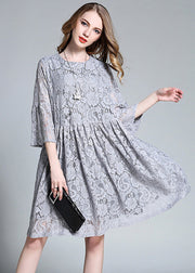French Grey O-Neck Hollow Out Lace Mid Dress Bracelet Sleeve