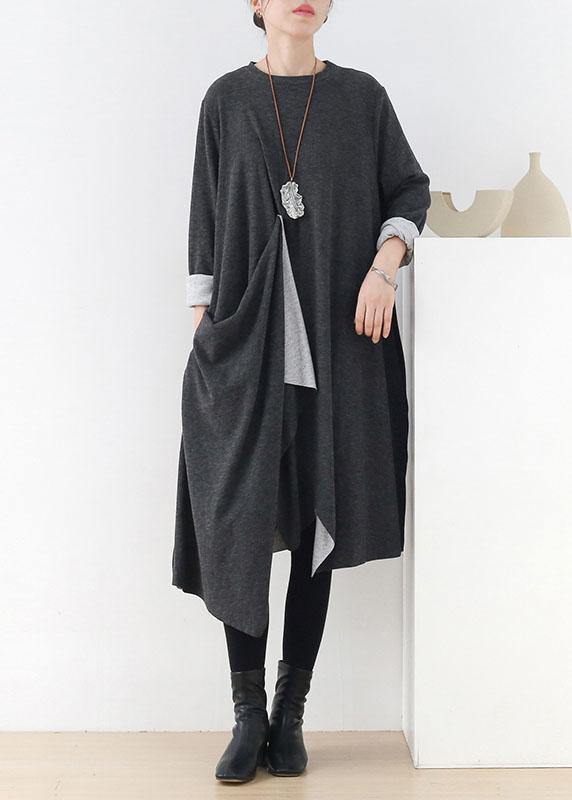 French Grey O-Neck Patchwork Fall Dress Long Sleeve - SooLinen