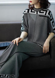 French Grey O-Neck Striped Silk Sweatshirt Women Sets 2 Pieces Fall