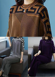 French Grey O-Neck Striped Silk Sweatshirt Women Sets 2 Pieces Fall