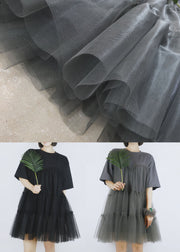 French Grey O-Neck Tulle Patchwork Cotton Robe Dresses Short Sleeve
