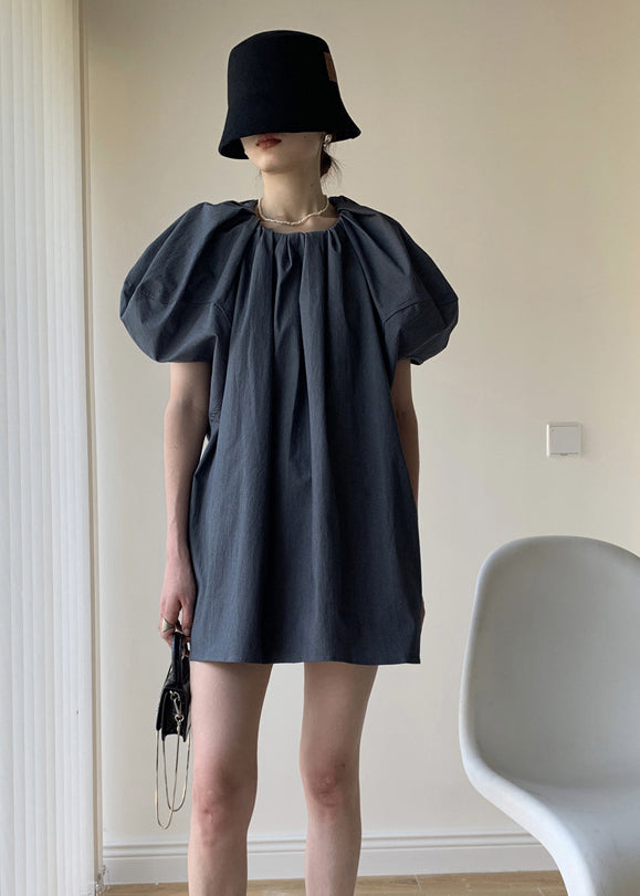 French Grey O Neck Wrinkled Patchwork Cotton Dress Puff Sleeve