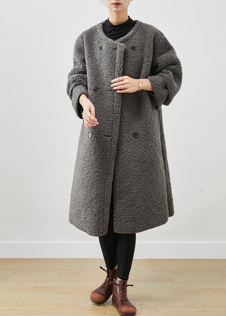 French Grey Oversized Double Breast Faux Fur Fleece Coat Spring