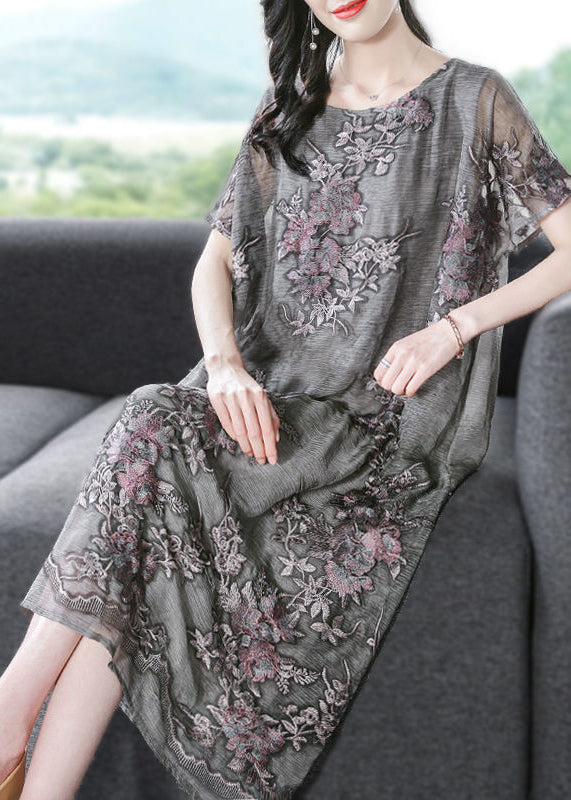 French Grey Oversized Embroidered Silk Dress Summer