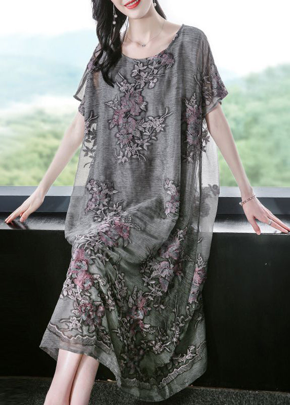 French Grey Oversized Embroidered Silk Dress Summer