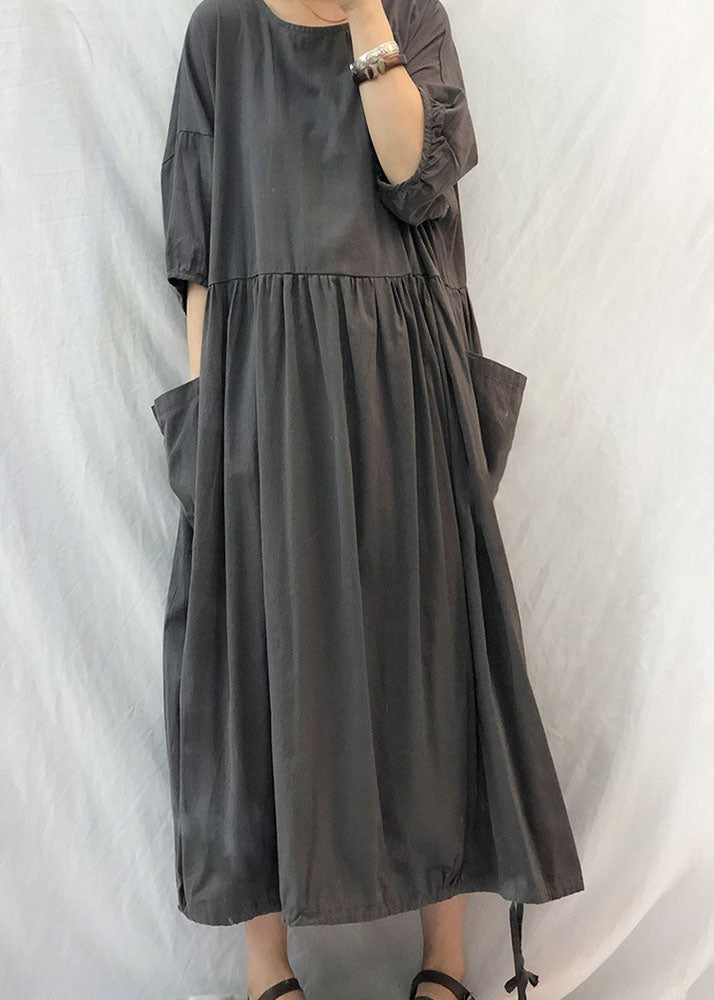 French Grey Oversized Patchwork Drawstring Wrinkled Cotton Dress Half Sleeve