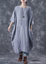 French Grey Oversized Patchwork Linen Dresses Batwing Sleeve