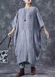 French Grey Oversized Patchwork Linen Dresses Batwing Sleeve