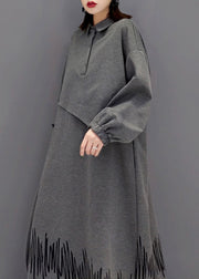 French Grey Peter Pan Collar Patchwork Button Maxi Dresses Long Sleeve
