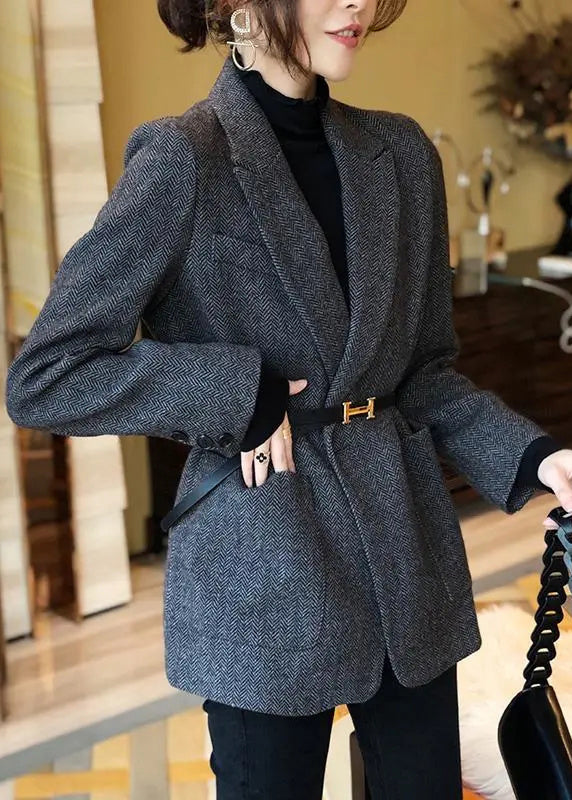 French Grey Peter Pan Collar Pockets Cotton Coat Long Sleeve
