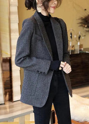 French Grey Peter Pan Collar Pockets Cotton Coat Long Sleeve