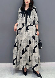 French Grey Peter Pan Collar Wrinkled Print Patchwork Long Chiffon Dress Summer