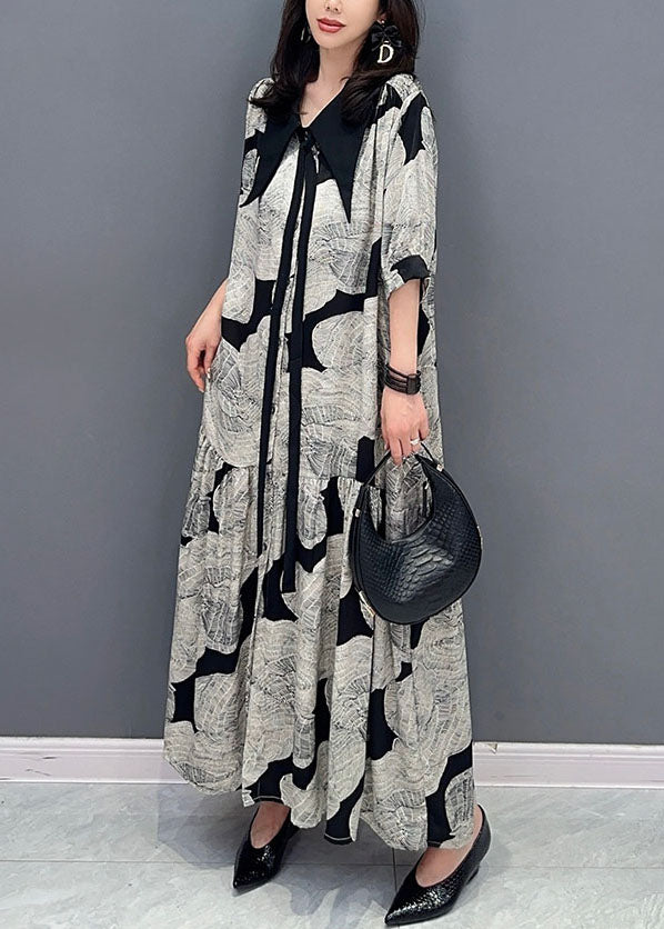 French Grey Peter Pan Collar Wrinkled Print Patchwork Long Chiffon Dress Summer