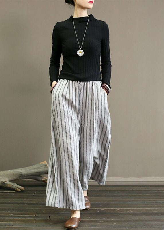 French Grey Pockets Striped Linen Straight Pants Summer