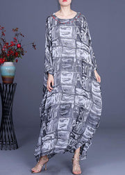 French Grey Print Cotton Linen Side open Party Dress Summer - SooLinen