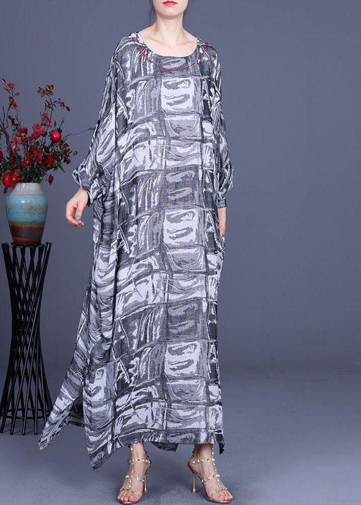 French Grey Print Cotton Linen Side open Party Dress Summer - SooLinen