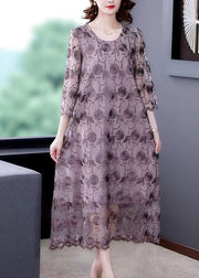 French Grey Purple O-Neck Embroidered Floral Tüll Dresses Ärmel mit drei Vierteln