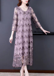 French Grey Purple O-Neck Embroidered Floral Tulle Dresses Three Quarter sleeve