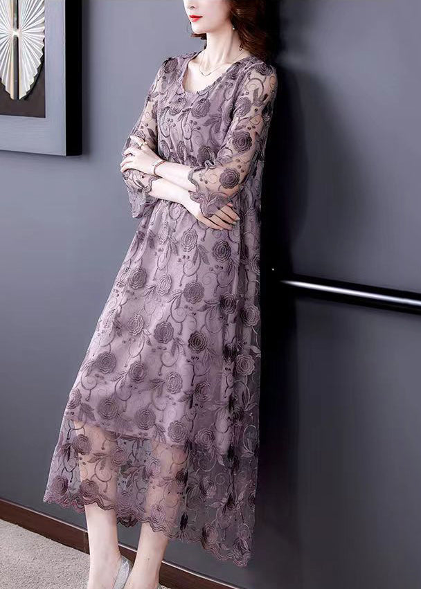 French Grey Purple O-Neck Embroidered Floral Tulle Dresses Three Quarter sleeve