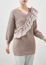French Grey Ruffled Patchwork Thick Knit Sweaters Winter