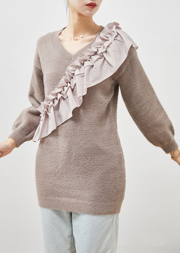French Grey Ruffled Patchwork Thick Knit Sweaters Winter