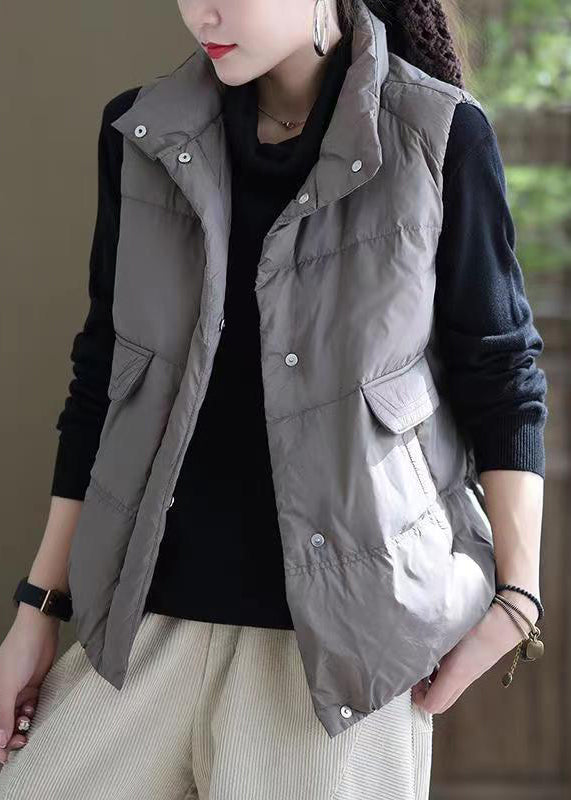 French Grey Stand Collar Button Pockets Duck Down Waistcoat Sleeveless