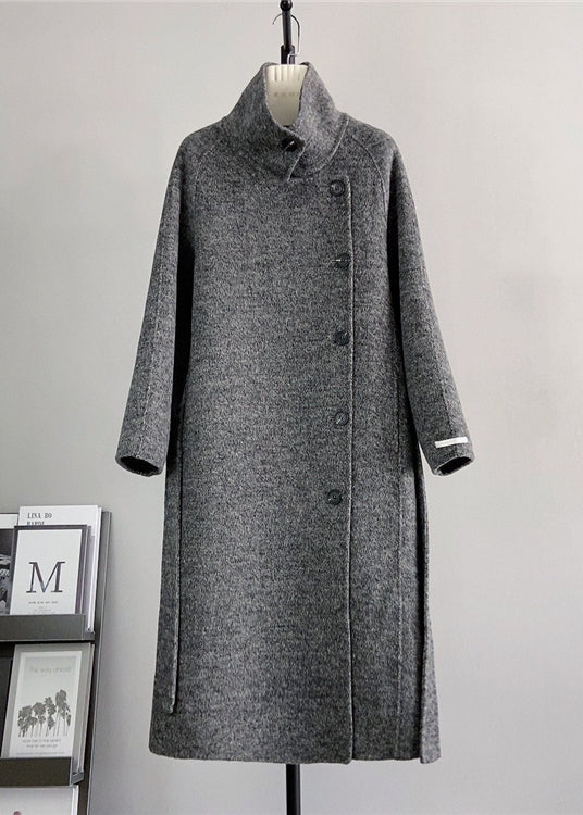 French Grey Stand Collar Button Woolen Outwear Winter