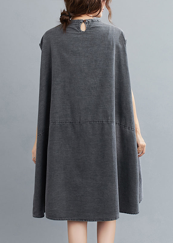 French Grey Stand Collar pockets Cotton Denim Dress Sleeveless