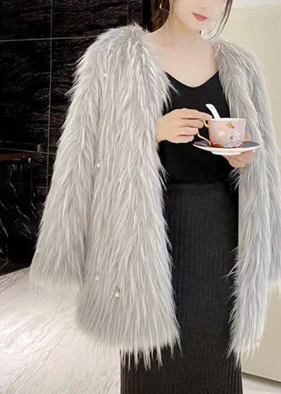 French Grey Tassel Thick Mink Hair Coats Long Sleeve