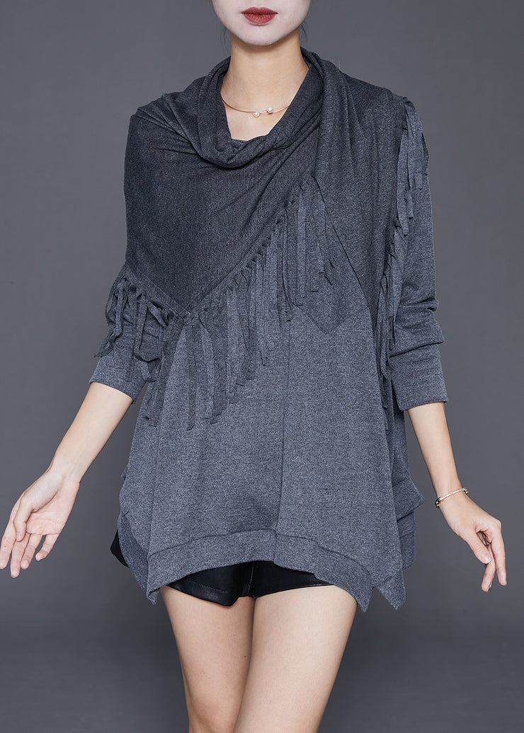 French Grey Tasseled Oversized Cotton Tops Two Pieces Set Fall